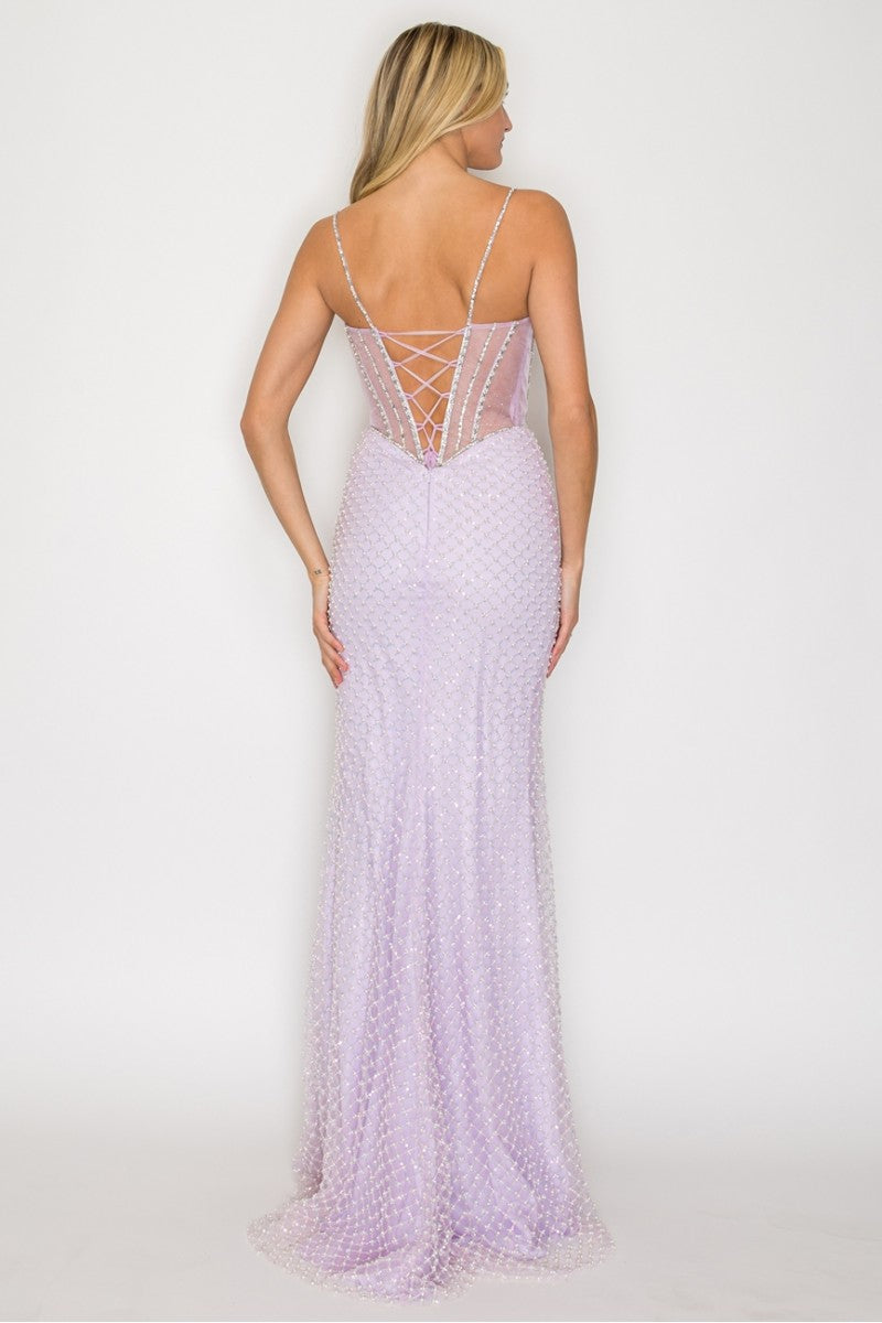 Sleeveless Corset Mermaid Dress with Lace-Up Back and Detachable Bow by High Couture HC1030