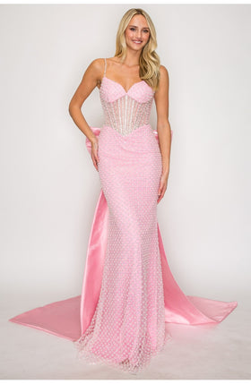 Sleeveless Corset Mermaid Dress with Lace-Up Back and Detachable Bow by High Couture HC1030