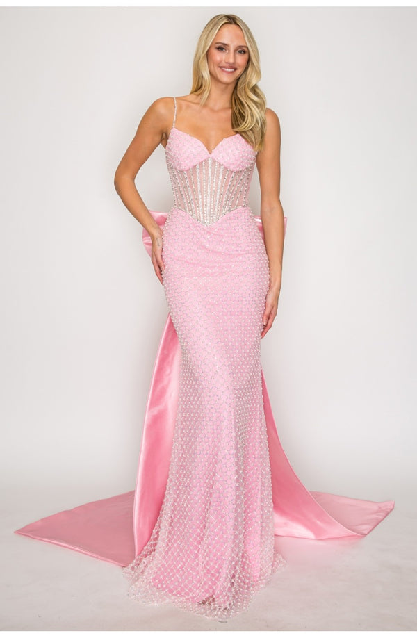 Sleeveless Corset Mermaid Dress with Lace-Up Back and Detachable Bow by High Couture HC1030