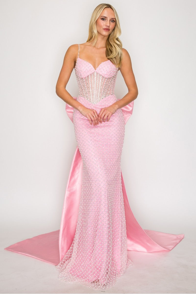 Sleeveless Corset Mermaid Dress with Lace-Up Back and Detachable Bow by High Couture HC1030