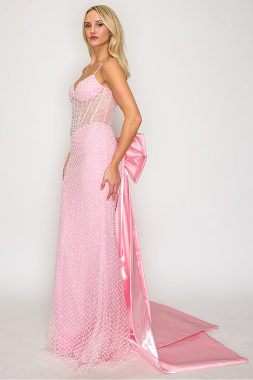 Sleeveless Corset Mermaid Dress with Lace-Up Back and Detachable Bow by High Couture HC1030