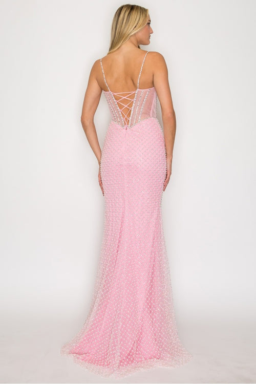 Sleeveless Corset Mermaid Dress with Lace-Up Back and Detachable Bow by High Couture HC1030
