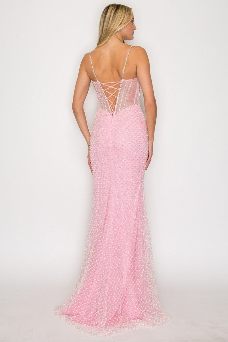 Sleeveless Corset Mermaid Dress with Lace-Up Back and Detachable Bow by High Couture HC1030
