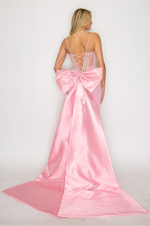 Sleeveless Corset Mermaid Dress with Lace-Up Back and Detachable Bow by High Couture HC1030