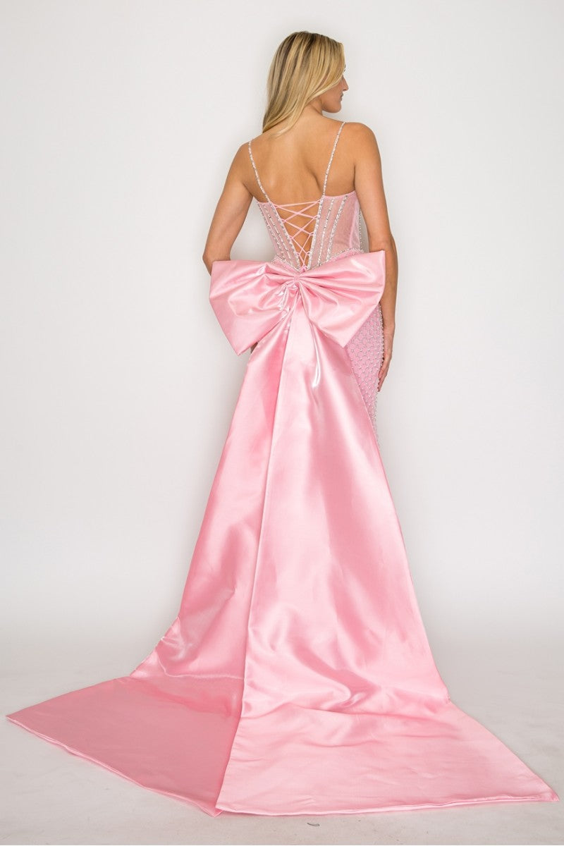 Sleeveless Corset Mermaid Dress with Lace-Up Back and Detachable Bow by High Couture HC1030
