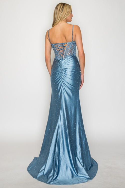 Sleeveless Satin Dress with Beaded Corset Bodice Lace-Up Back & High Slit by High Couture HC1031