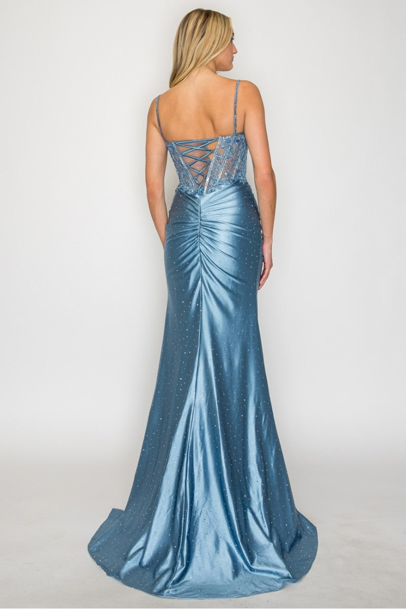 Sleeveless Satin Dress with Beaded Corset Bodice Lace-Up Back & High Slit by High Couture HC1031