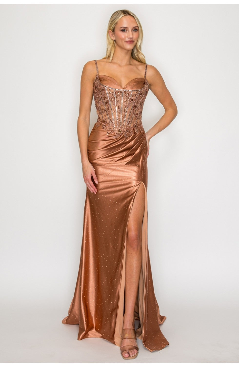 Sleeveless Satin Dress with Beaded Corset Bodice Lace-Up Back & High Slit by High Couture HC1031