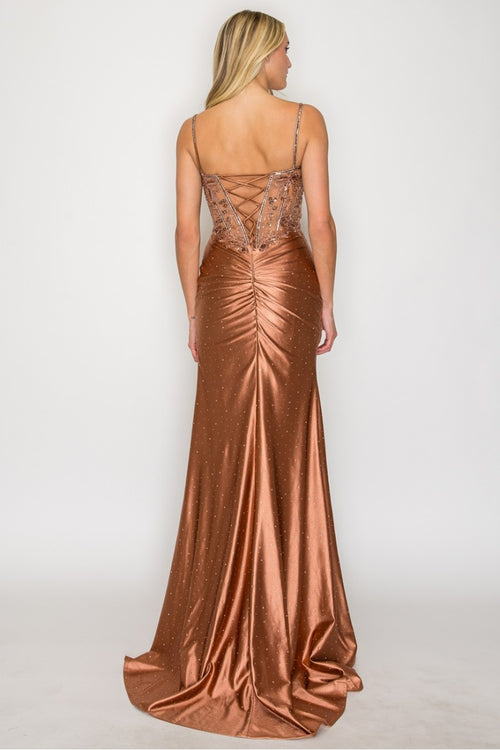 Sleeveless Satin Dress with Beaded Corset Bodice Lace-Up Back & High Slit by High Couture HC1031