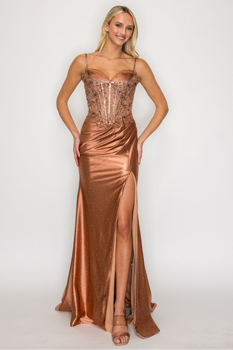 Sleeveless Satin Dress with Beaded Corset Bodice Lace-Up Back & High Slit by High Couture HC1031