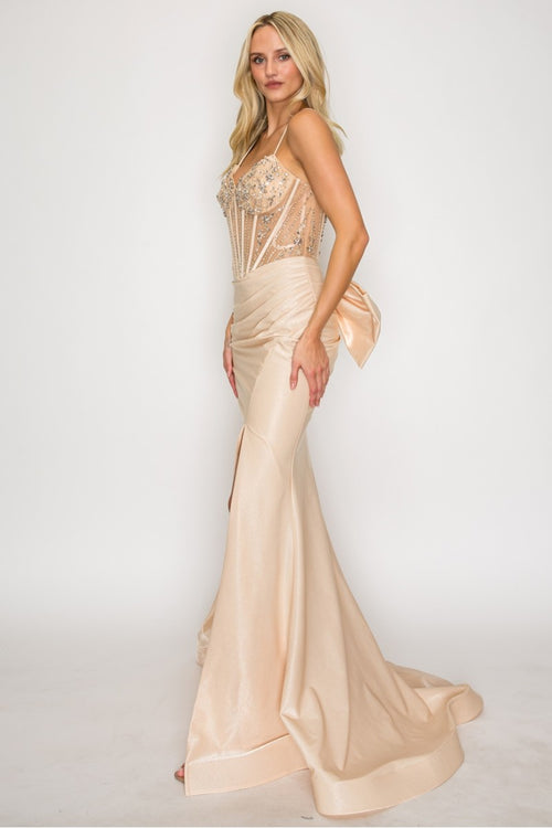 Spaghetti Straps Beaded Corset Mermaid Prom Dress with Detachable Bow by High Couture HC1032