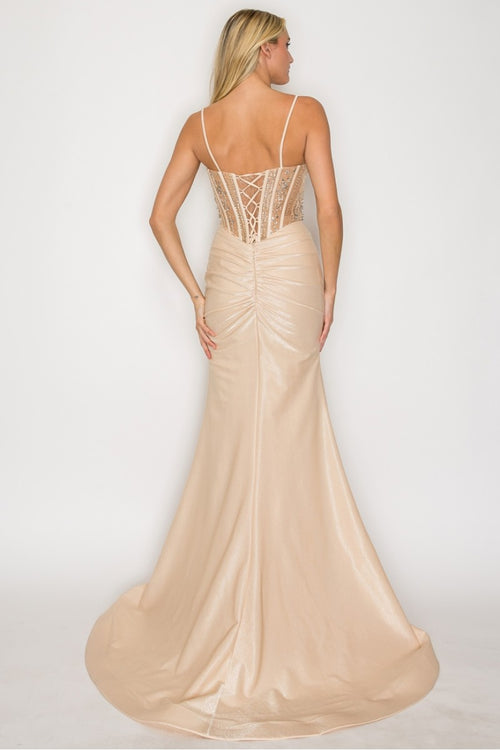 Spaghetti Straps Beaded Corset Mermaid Prom Dress with Detachable Bow by High Couture HC1032