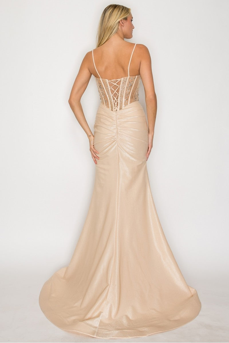 Spaghetti Straps Beaded Corset Mermaid Prom Dress with Detachable Bow by High Couture HC1032