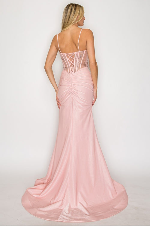 Spaghetti Straps Beaded Corset Mermaid Prom Dress with Detachable Bow by High Couture HC1032