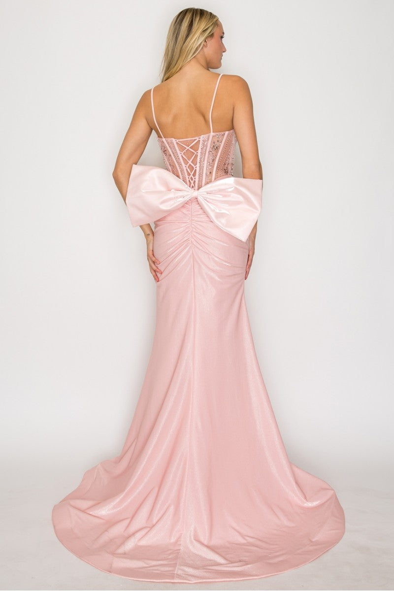 Spaghetti Straps Beaded Corset Mermaid Prom Dress with Detachable Bow by High Couture HC1032