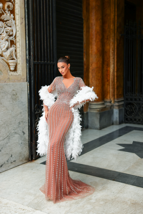 Chic and Holland HF110505 V-Neck Long Sleeve Evening Gown