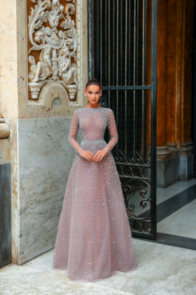 Chic and Holland HF110557 High Neck Long Sleeve Evening Gown