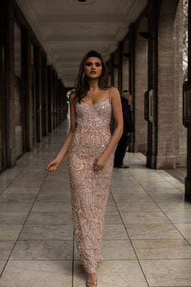 Chic and Holland HF1510 Rhinestone-Embellished Sheath Evening Gown with Open Back and Slit