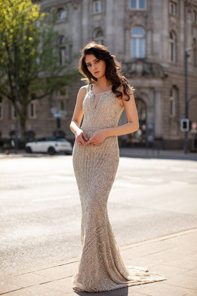 Chic and Holland HF1511 Scoop Neck Rhinestone-Embellished Sheath Evening Gown with Sweep Train and Cutout Detail
