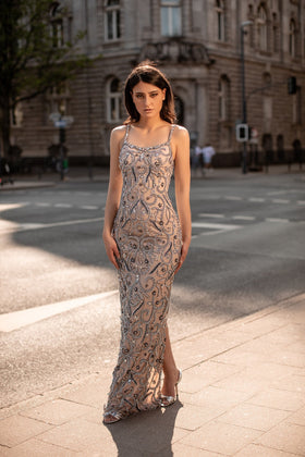Chic and Holland HF1514 Scoop Neck Beaded Evening Gown with Back Slit