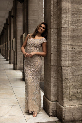 Chic and Holland HF1520 Asymmetrical Neckline Rhinestone-Embellished Evening Gown