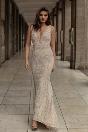 Chic and Holland HF1521 Plunging V-Neck Rhinestone-Embellished Evening Gown