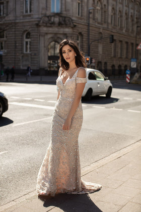 Chic and Holland HF1558 Off-the-Shoulder Beaded Fitted Evening Gown