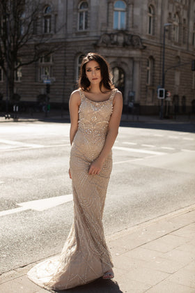 Chic and Holland HF1574 Scoop Neck Beaded Column Evening Gown