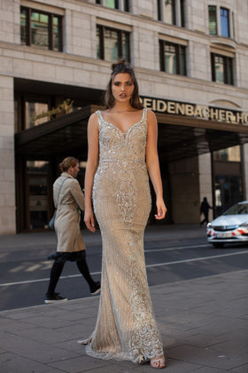 Chic and Holland HF1589 V-Neck Beaded Evening Gown with Open Back