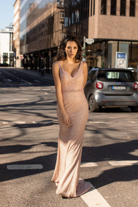 Chic and Holland HF1606 V-Neck Beaded Evening Gown with Train