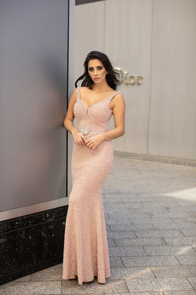 Chic and Holland HF1614 V-Neck Beaded Column Evening Gown