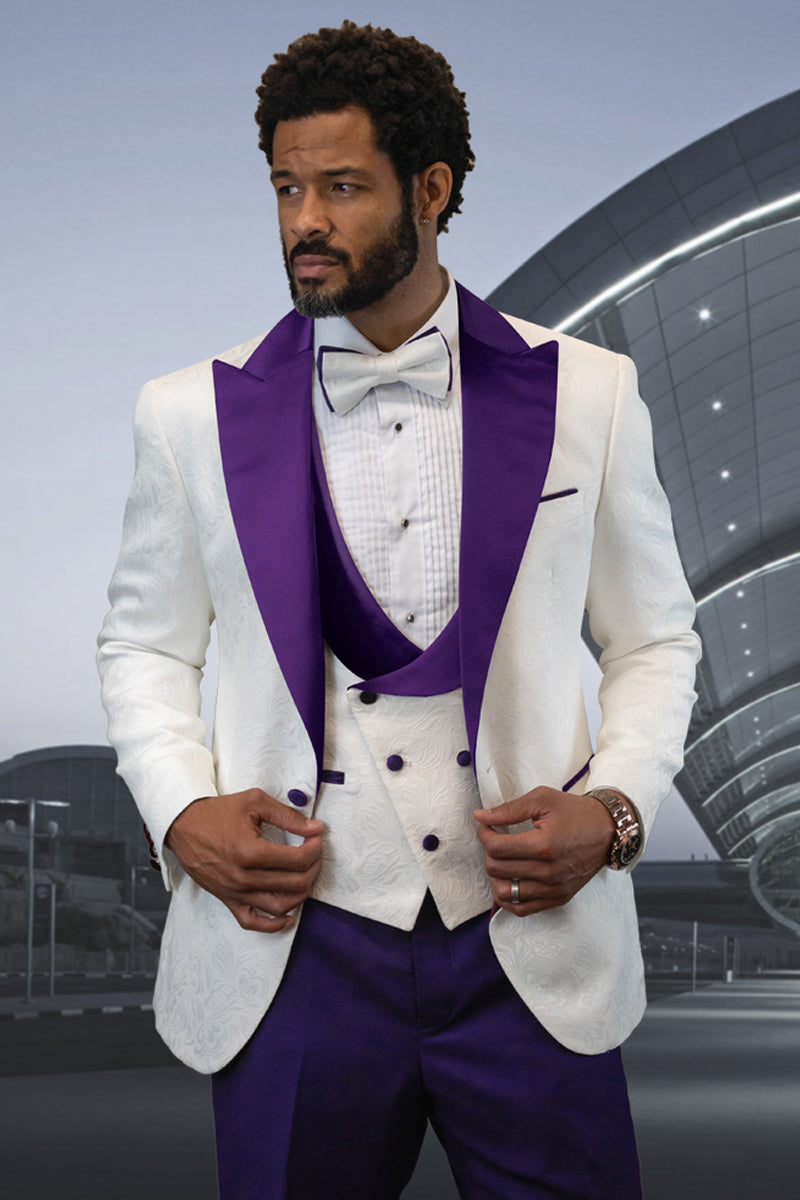 Esmoquin de diseño para hombre, de lana, con solapa de pico y contraste, para boda y graduación, en blanco, cachemir y morado.