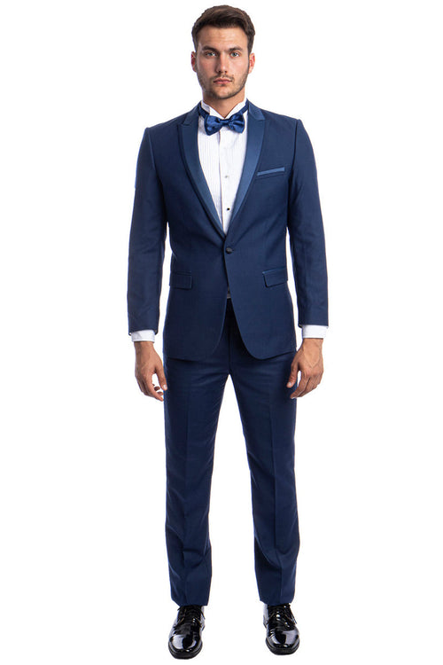 Esmoquin de corte entallado para hombre, con un botón y ribete de satén, solapa de pico, para graduación y boda, en azul cobalto.