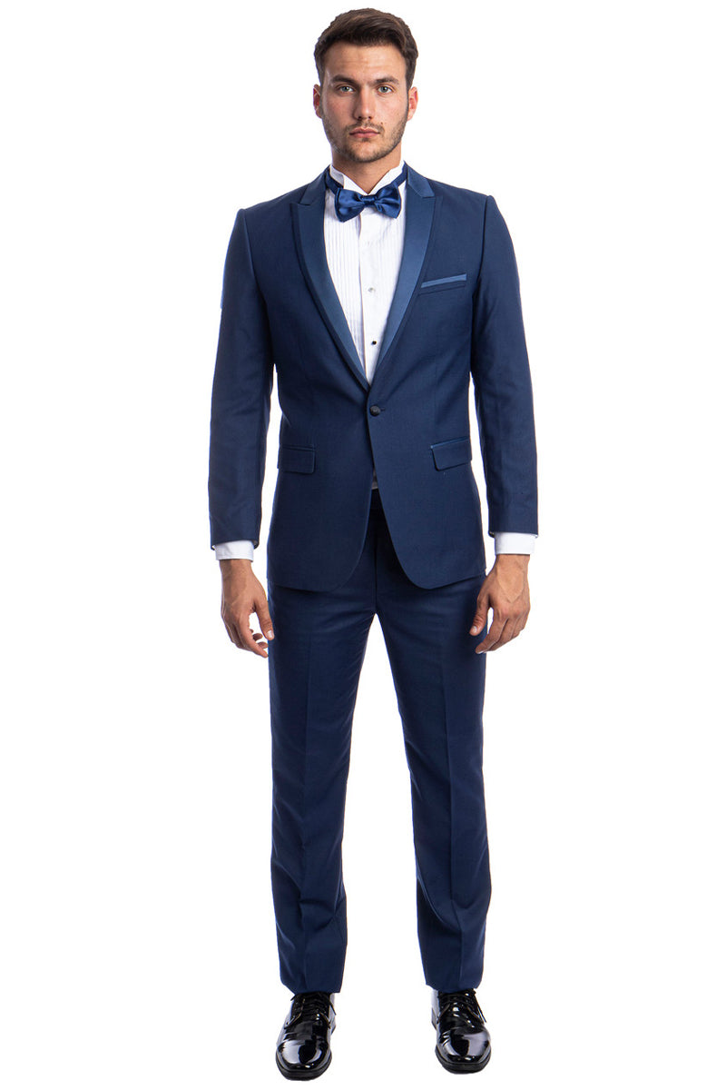Esmoquin de corte entallado para hombre, con un botón y ribete de satén, solapa de pico, para graduación y boda, en azul cobalto.