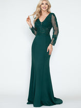 Long Sleeve Mother of the Bride Dress Beaded Evening Gown Lenovia 8323