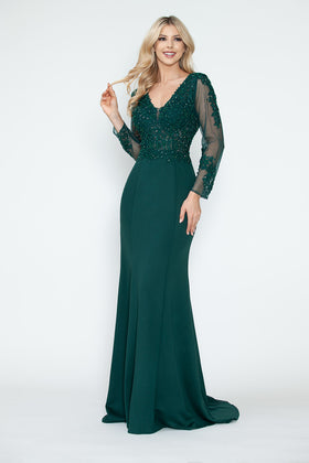 Clearance Sienna & Hunter Green Size L& XL Mother of the Bride Long Sleeve Beaded Evening Gown By Lenovia 8323
