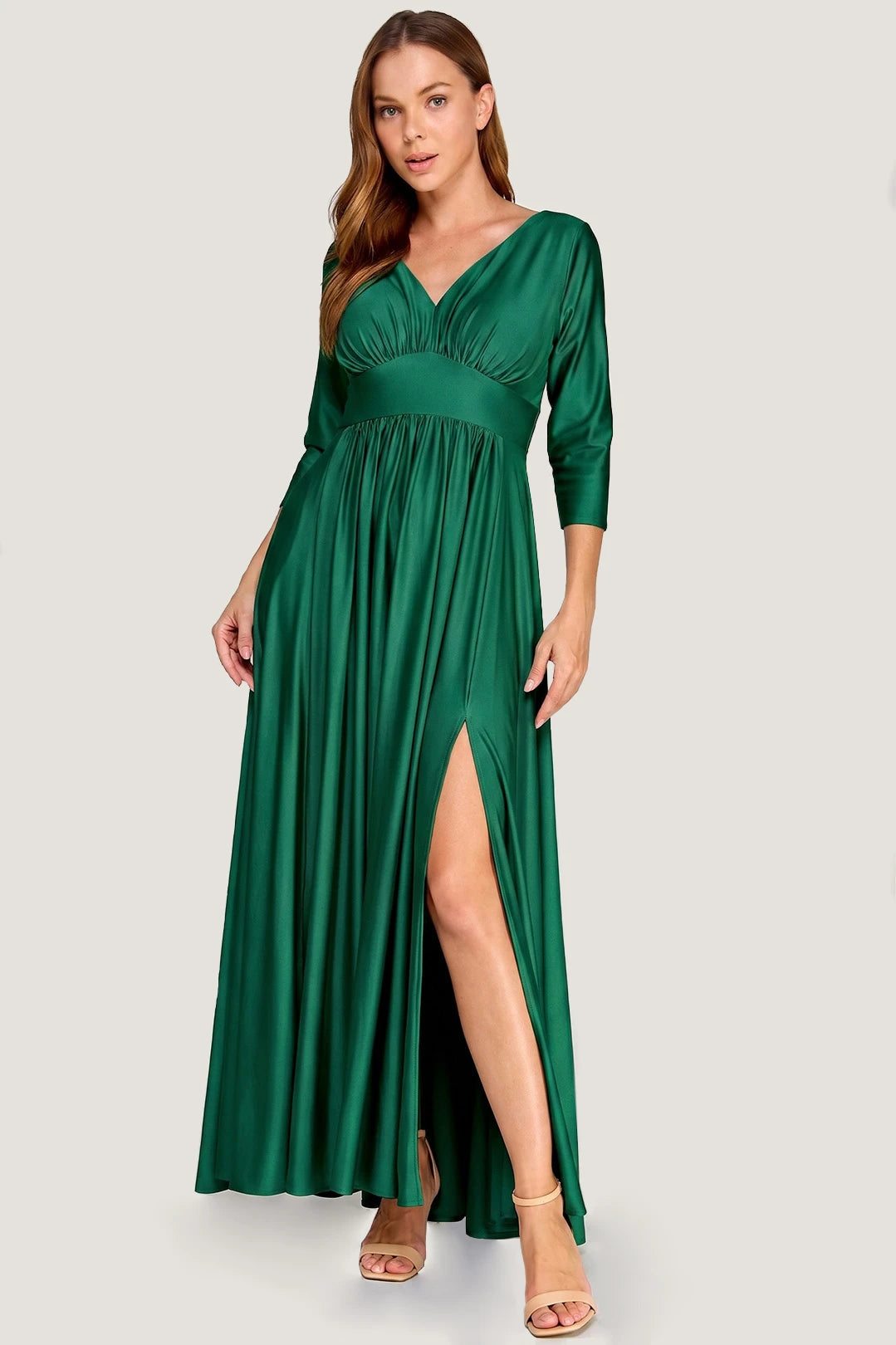 Ruched Bodice V-Neck 3/4 Sleeve A-Line Full-Length Mother of the Bride Dress by Perrty 3132