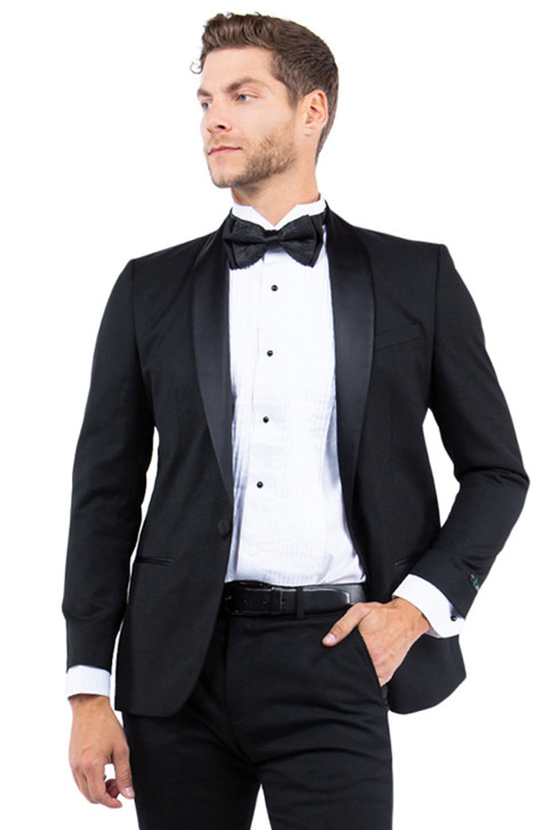 Chaqueta de esmoquin con solapa chal y un botón de corte moderno para hombre en negro