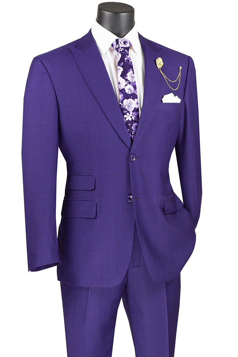 Traje de cuadros morado de 2 botones y corte moderno con solapa de pico para hombre