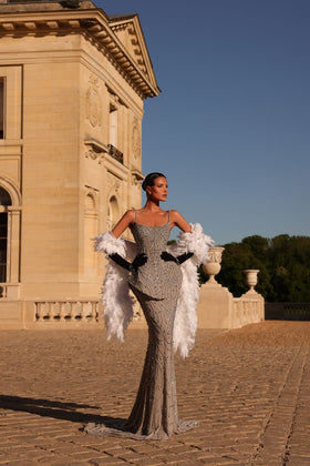 Chic and Holland HF110706 Scoop Neck Spaghetti Strap Beaded Sheath Evening Gown with Peplum and Feather Boa