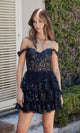 Off the shoulder short black lace homecoming dress with ruffled layers