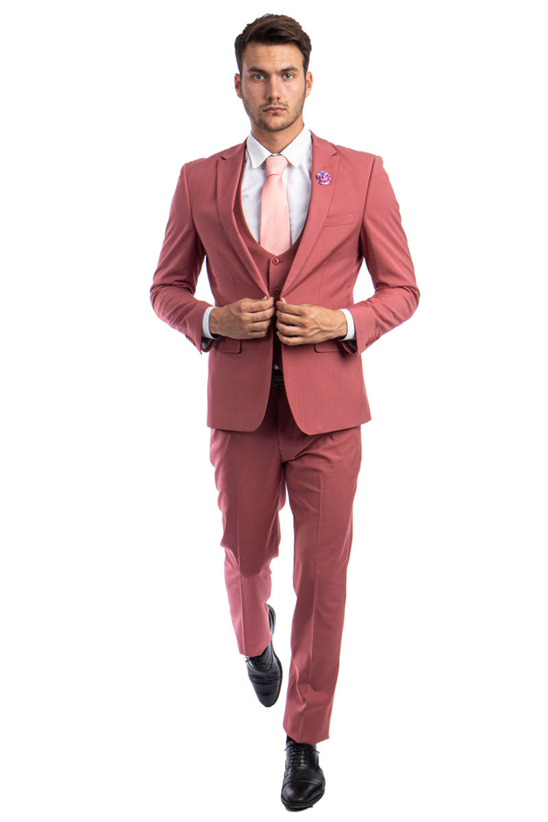 Traje de boda y graduación ajustado con solapa de pico y un botón para hombre, con chaleco escotado en rosa coral