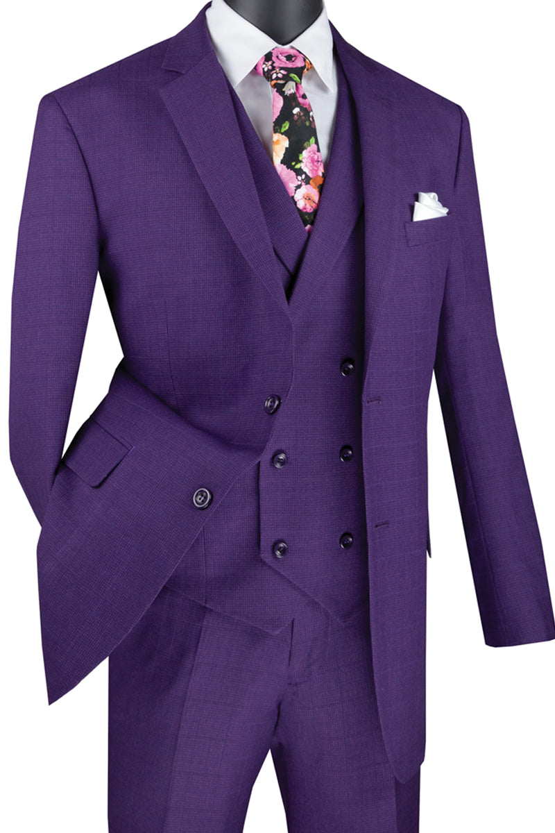 Traje de hombre a cuadros con chaleco cruzado de dos botones en morado