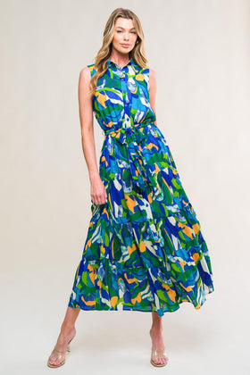 Flying Tomato 21325 Blue Green Floral Print Sleeveless Midi Dress