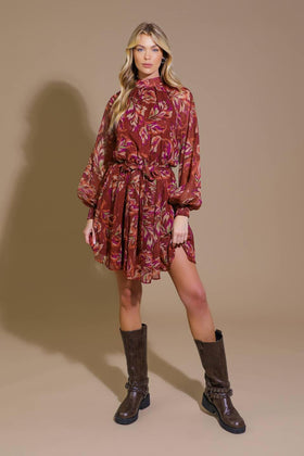 Flying Tomato 21695 Terracotta Printed Long Sleeve Dress
