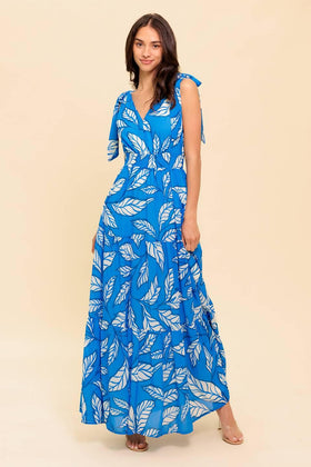 Flying Tomato 21861 Blue/Ivory Printed Sleeveless Maxi Dress