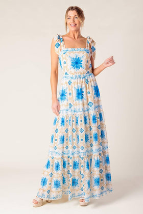 Flying Tomato 22141 Ivory Blue Square-Neck Floral Print Maxi Dress