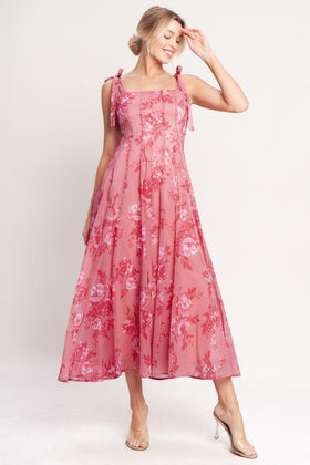 Flying Tomato 22892 Pink Square-Neck Floral Print Midi Dress