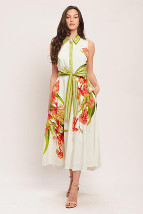 Flying Tomato 23304 Off White Floral Print Sleeveless Midi Dress