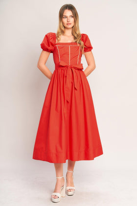 Flying Tomato 23674 Coral Red Square-Neck Midi Dress